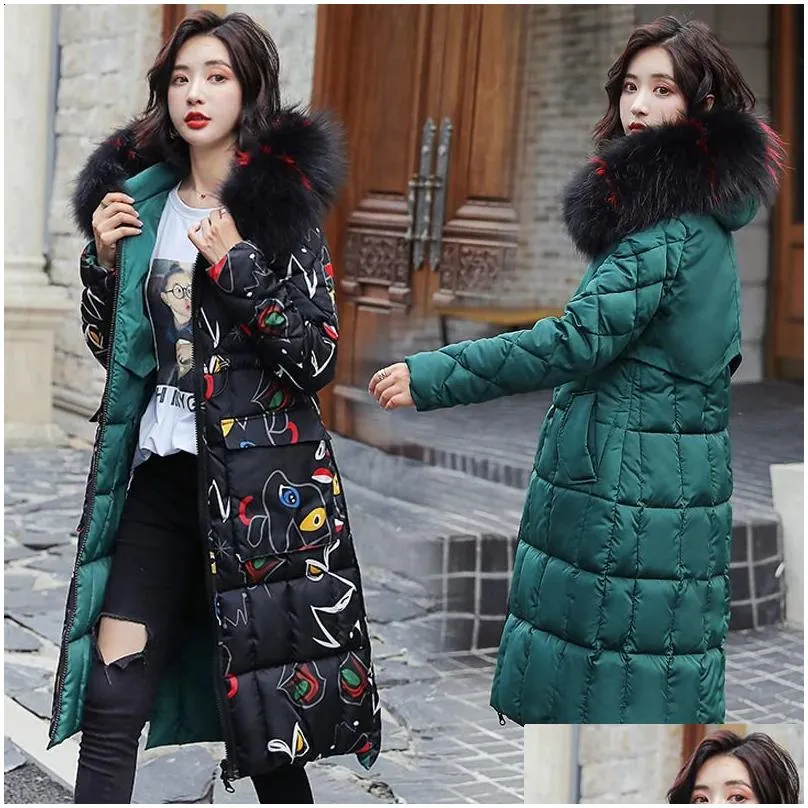 women`s down parkas womens winter jacket women warm long print hooded faux fur coat cotton padded female two sides outwear 231116