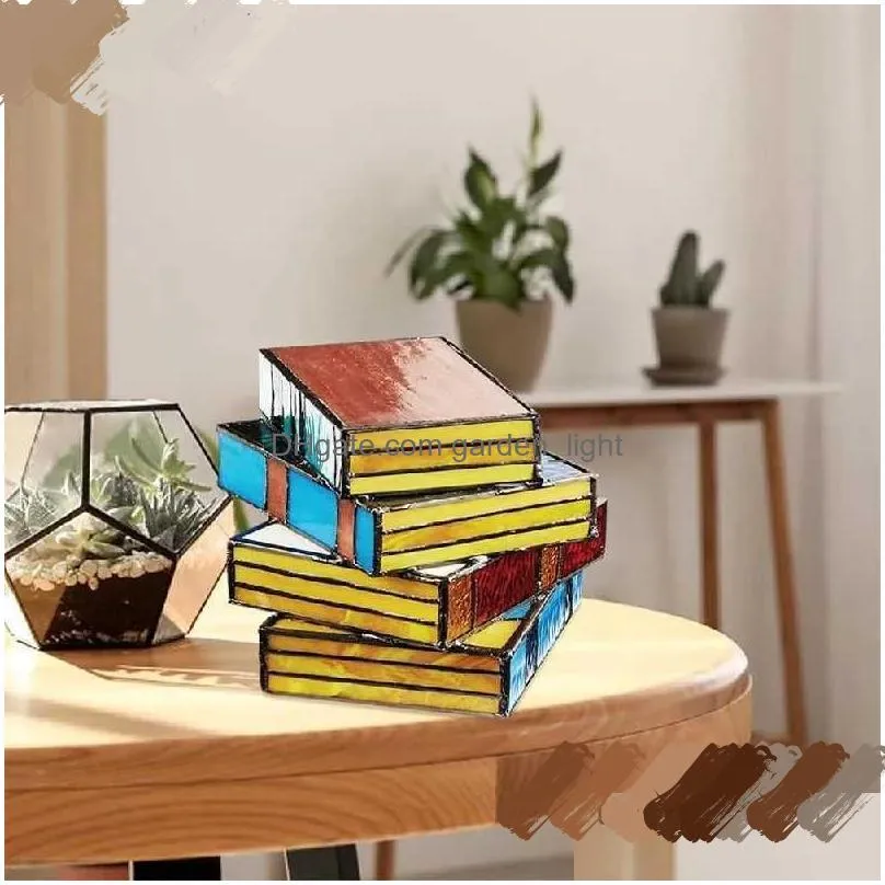 night lights creative stained glass stacked books lamp desktop resin decoration light night table classic ornament home housewarming gift