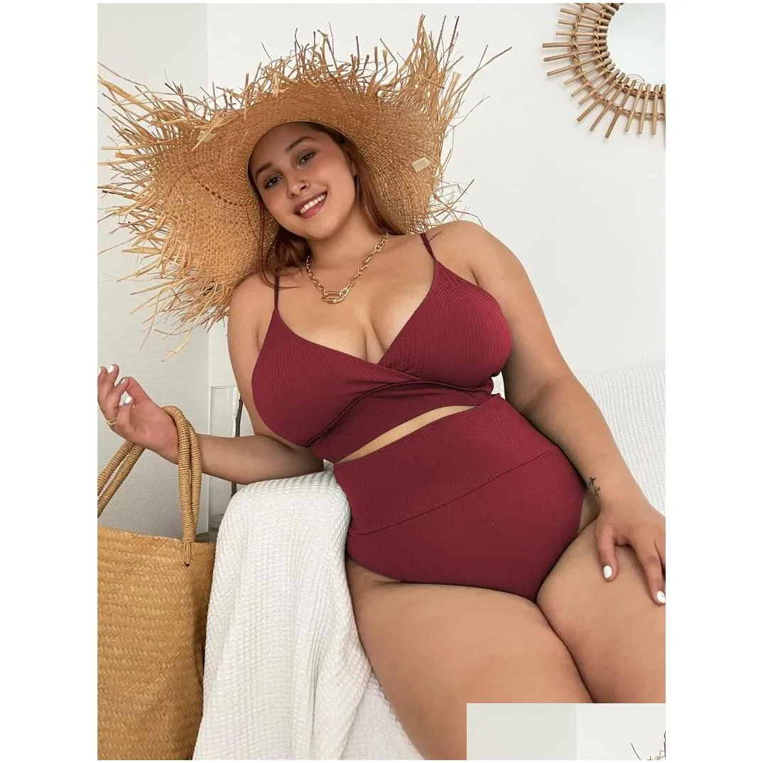 Women`S Swimwear Womens Swimwear High Waist Bikini Set Solid Color Plus Size Big Breast Swimsuit Strappy Y Bather Swimming Wear Bathi Dhcg0