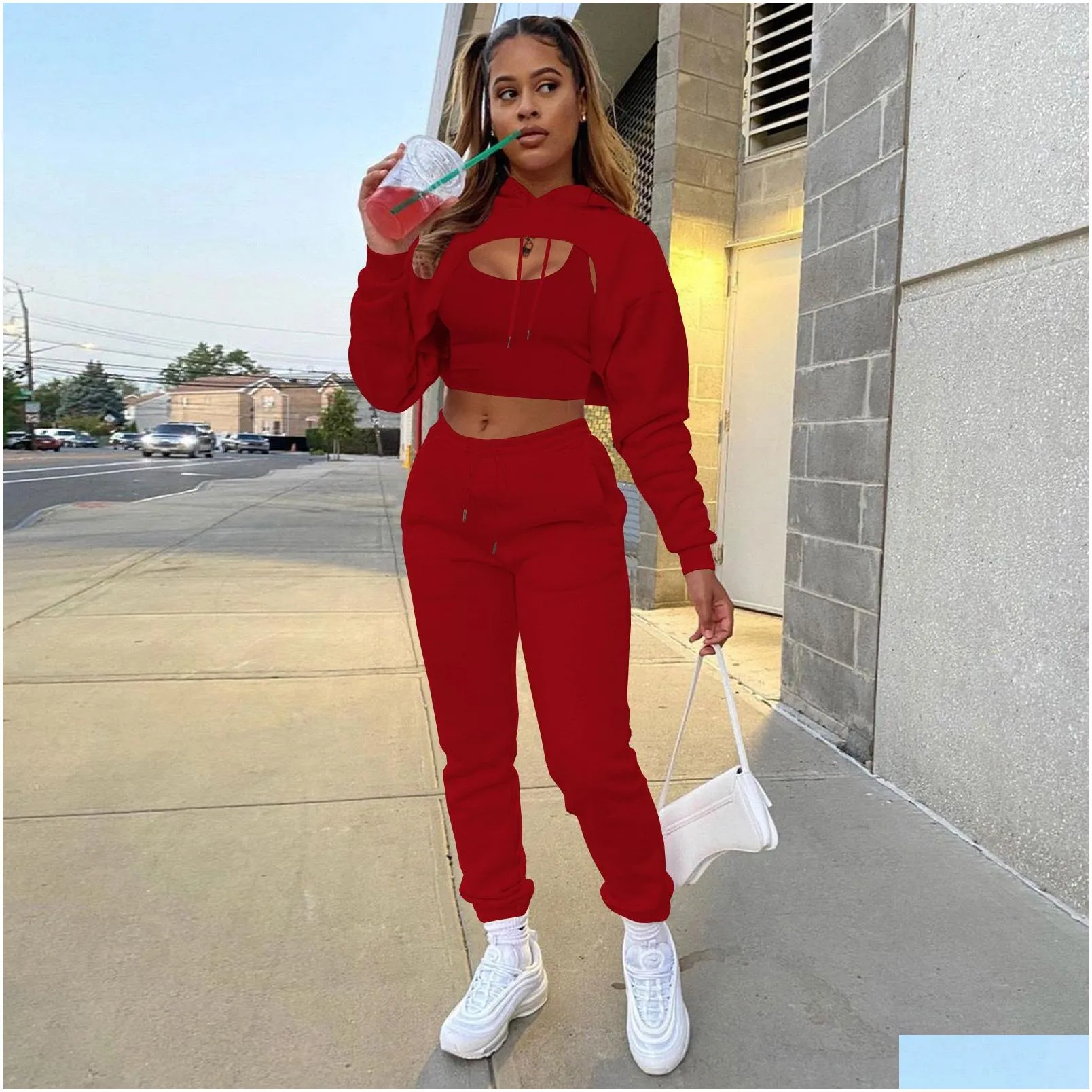 Women`S Two Piece Pants Womens Two Piece Pants 3 Set Women Tracksuit Winter Fleece Hollow Out Hoodies Sweatshirt Cotton Vest Jogging Dhab5