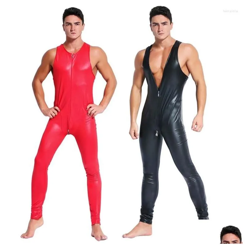 Men`S G-Strings Mens G Strings Y Men Pu Faux Leather Bodysuit Male Latex Catsuit Zipper Open Crotch Pvc Jumpsuit Erotic Body Wear Pol Dhiga