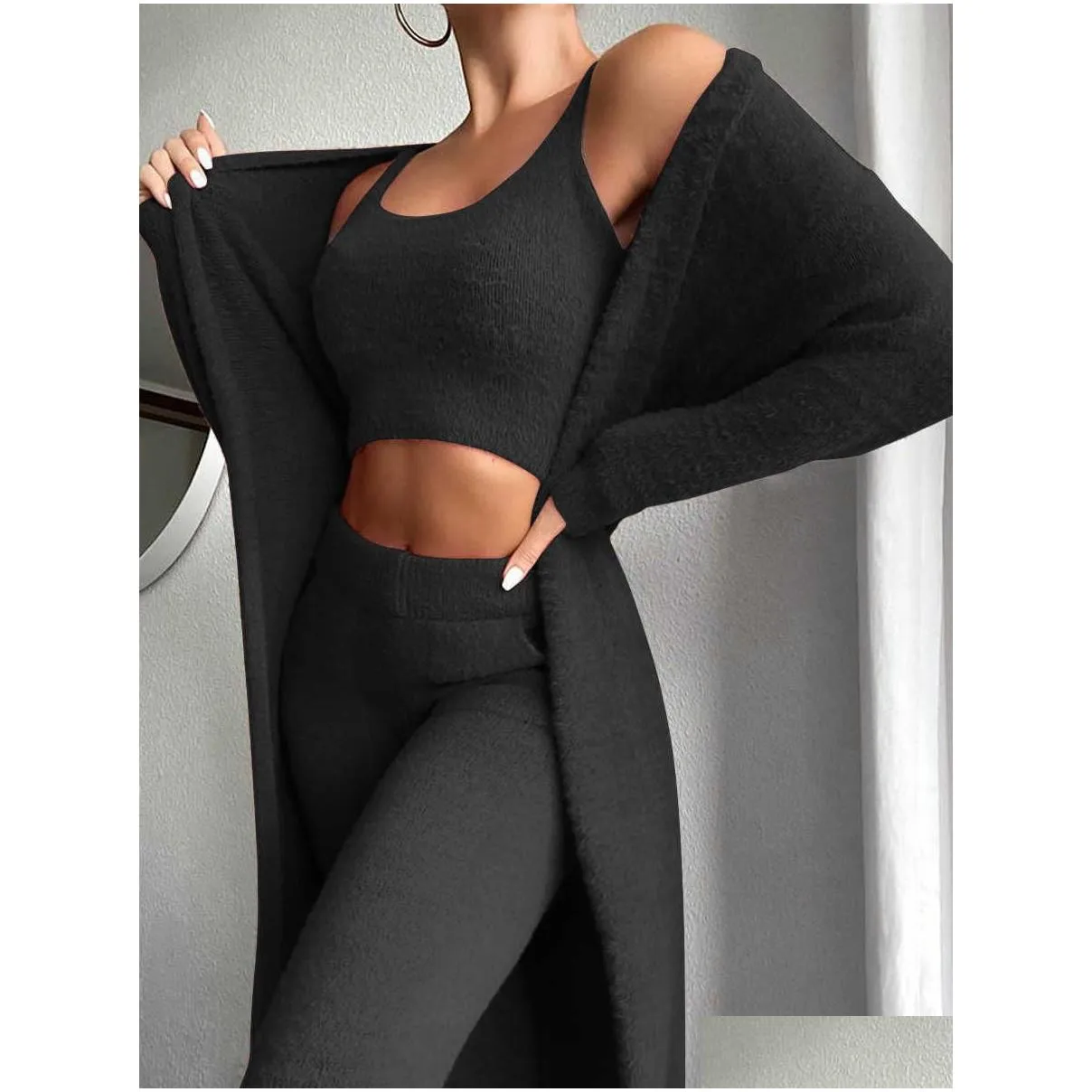 Women`S Tracksuits Women Tracksuits 3 Piece Outfits Set Winter Y Fuzzy Fleece Long Cardigan Scoop Neck Crop Tank Top High Waist Pants Dh8Ep