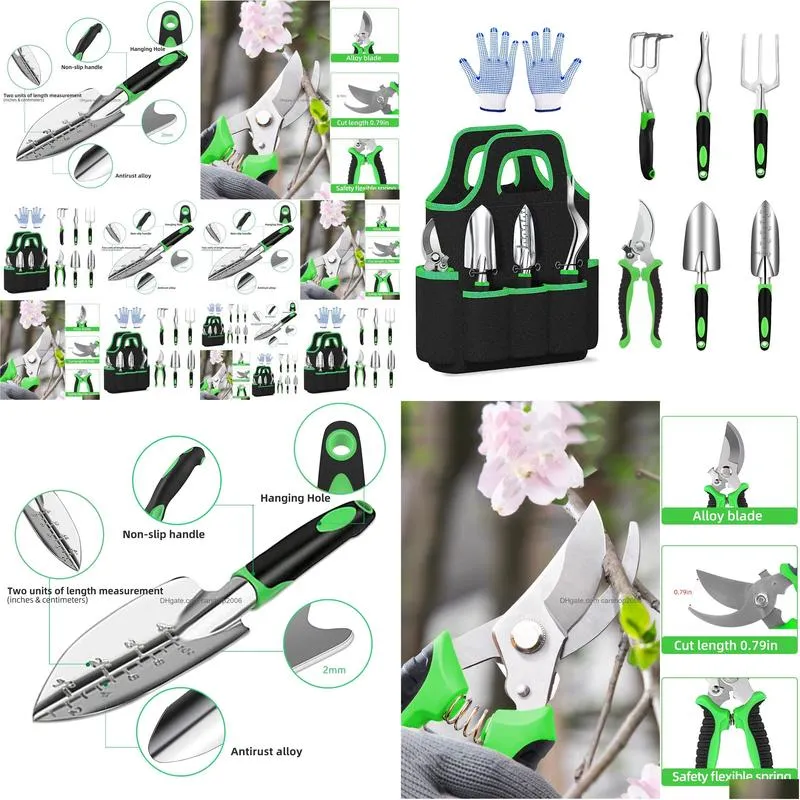 garden tool set 8 pcs stainless steel heavy duty gardening tool set with non-slip rubber grip storage tote bag outdoor hand tools
