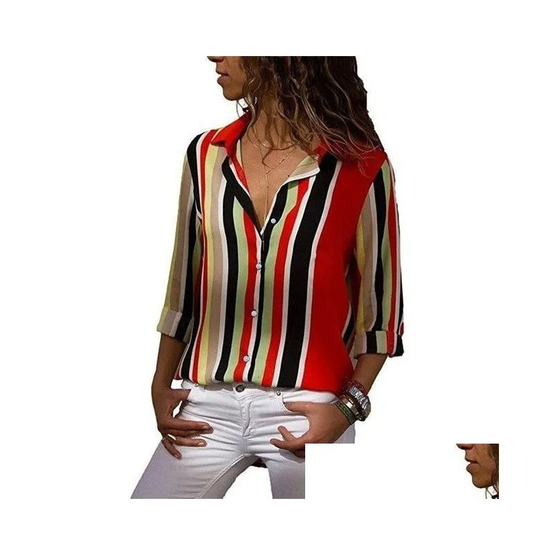 Women`S Blouses & Shirts Womens Blouses Shirts Woman Chiffon Floral Print And Tops Long Sleeve Blouse Ladies Striped Tunic Plus Size Dh4Oe