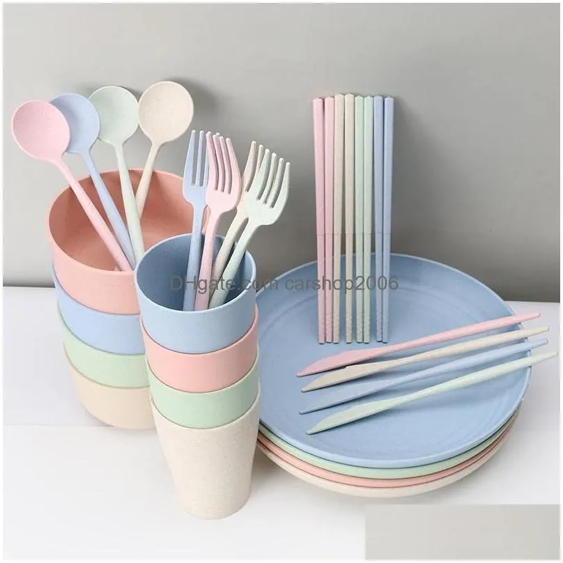 dinnerware sets 28 pcs reusable family wheat straw tableware kitchen tools1389983