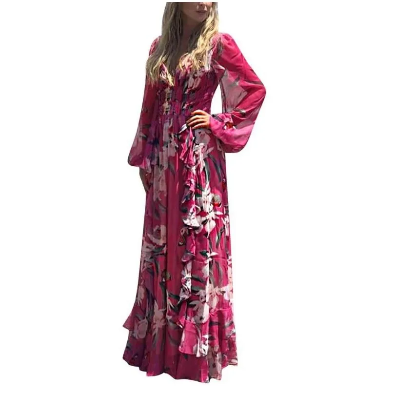 Basic & Casual Dresses Autumn Women Dresses Fashion Bohemian Floral Printed V Neck Long Sleeve Pleated Chiffon Dress Wholesale Ship Z Dhzfd