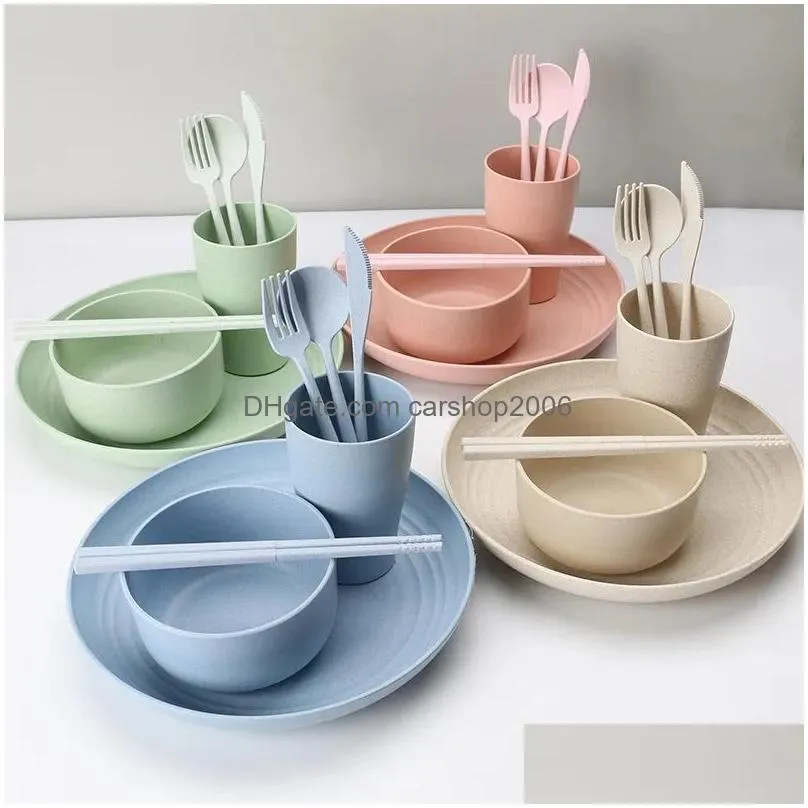 dinnerware sets 28 pcs reusable family wheat straw tableware kitchen tools1389983