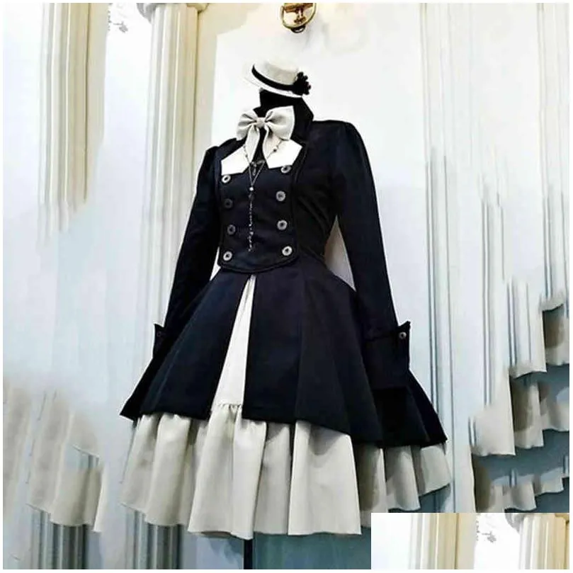 Theme Costume Medieval Retro Gothic Black Lace Up Chain Bow Lolita Coat Long Sleeves Ruffle Ic Dress Slim Knee Length Cosplay Clot L22 Dhyui