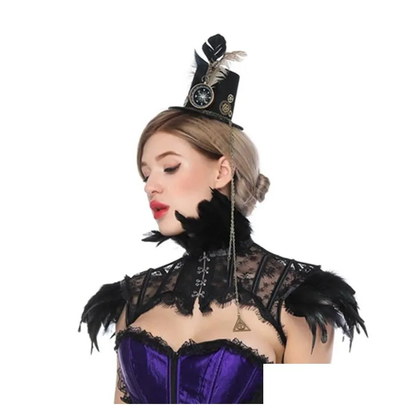 women steampunk feathers gothic fake high collar lace mesh cape shoulder bolero jacket shrug crop tops retro vintage halloween rave