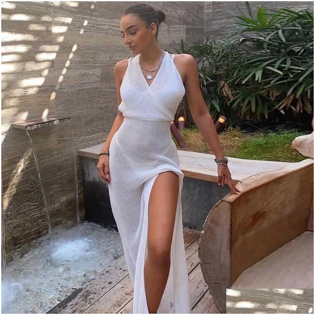 Basic & Casual Dresses White Y Backless Knitted Beach Dress Women Bikini Er Up Holiday Bodycon Mini Casual Dresses Summer Vacation Ou Dh8Hr