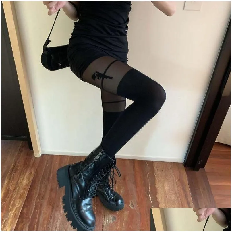 Socks & Hosiery Women Socks Harajuku Y Black Pistol Pattern Tights Stockings Female Slim Thin Body Personality Drop Delivery Apparel Dhjrg