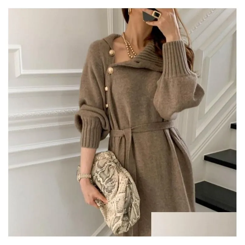 Basic & Casual Dresses Casual Dresses Solid Knitted Sweater Dress Turtleneck Fl Sleeve Elegant Buttons One Size Drop Delivery Apparel Dhzar