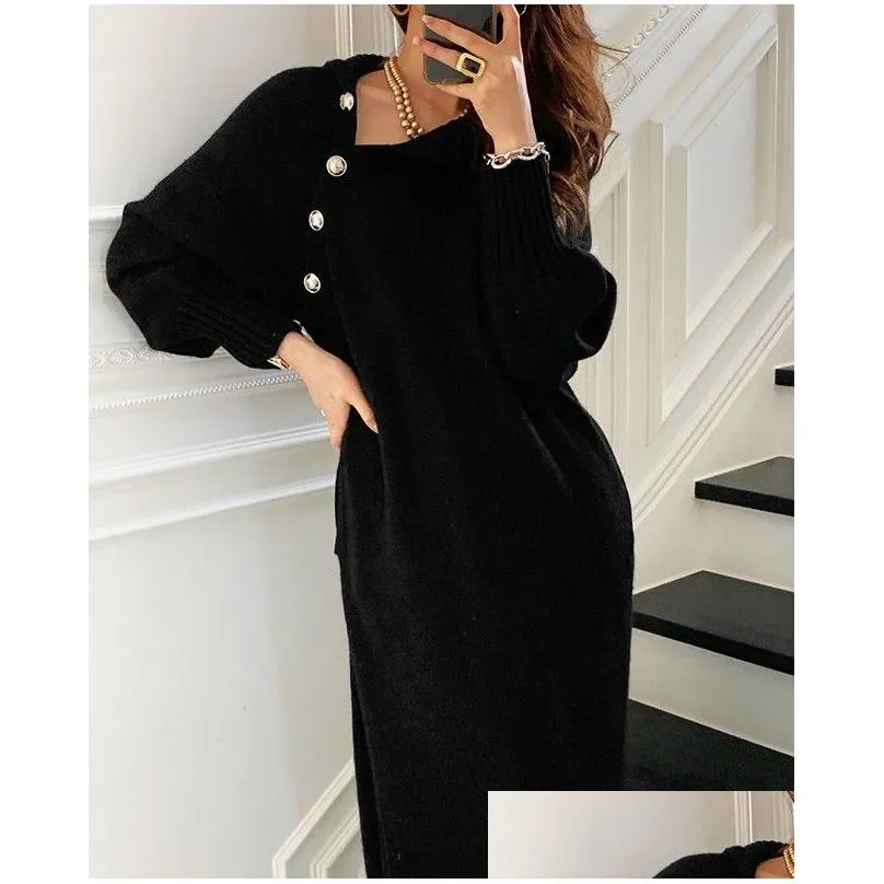 Basic & Casual Dresses Casual Dresses Solid Knitted Sweater Dress Turtleneck Fl Sleeve Elegant Buttons One Size Drop Delivery Apparel Dhzar