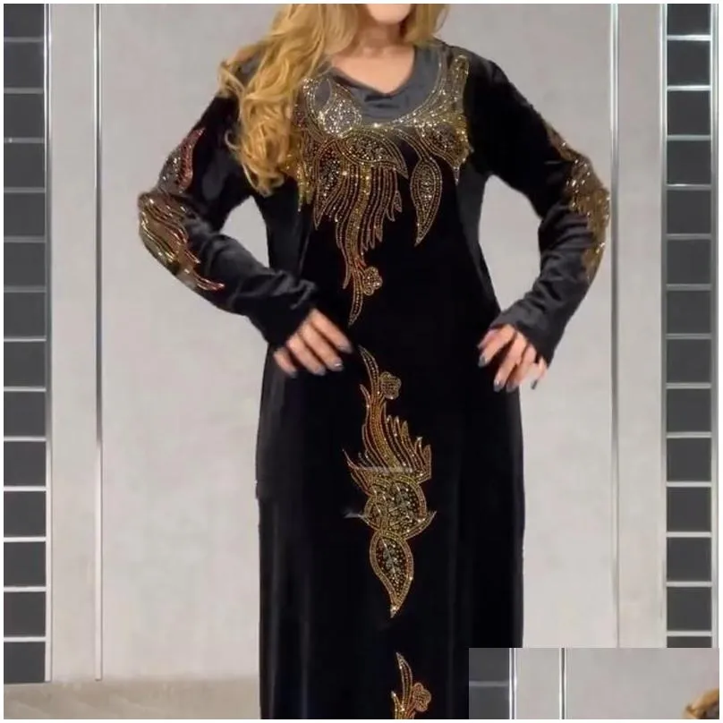 Ethnic Clothing Plus Size Veet Evening Dresses For Women 2021 Winter Long Sleeve Kaftan Maxi Dress Abaya Dubai Turkey Muslim African Dhvj8