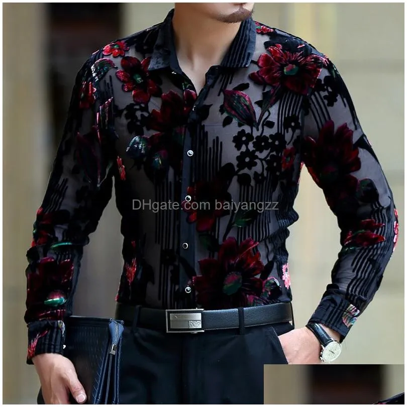 wholesale- exquisite flower pattern silk gold velvet hollow high-end shirt 2016 spring autumn fashion casual quality men shirt