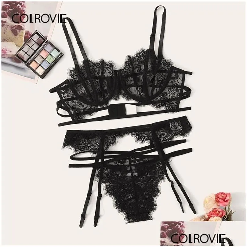Bras Sets Colrovie Floral Lace Sheer Garter Lingerie Set Women Black Intimates Y Sets Bra And Thongs Ladies Lj201211 Drop Delivery Ap Dhxhq