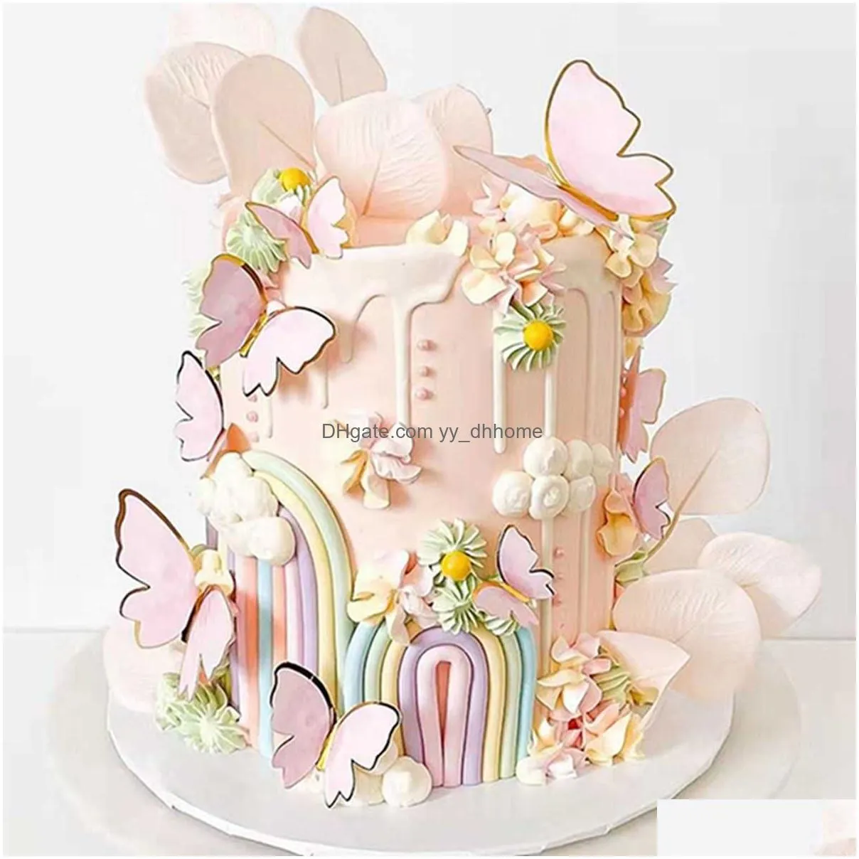  diy stamping gold pink butterfly cake toppers happy birthday cake decoration wedding party decor shower dessert baking supplies