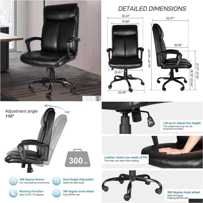 office desk chair with high quality pu leather, adjustable height/tilt, 360-degree swivel, 300lbs , black
