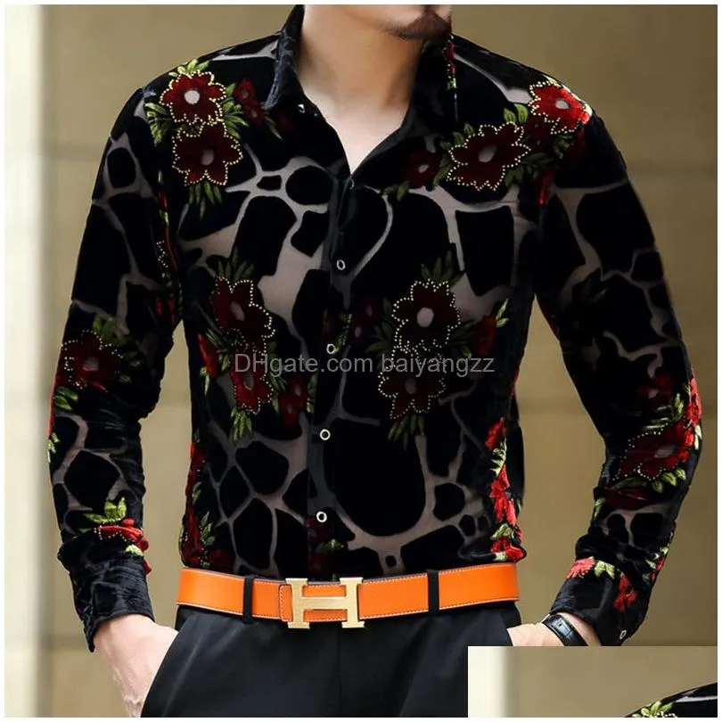 wholesale- exquisite flower pattern silk gold velvet hollow high-end shirt 2016 spring autumn fashion casual quality men shirt