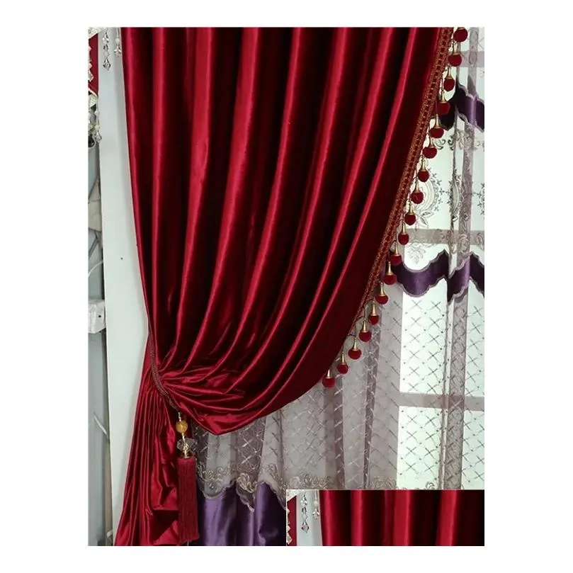 American Style Burgundy Curtains for Living Room Stage Italian Velvet Curtain Hotel Bedroom Window Pelmet Flannel Drapes LJ201224