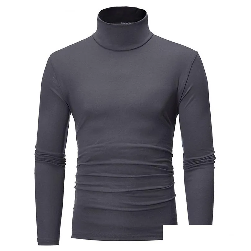 Men`S T-Shirts Mens T-Shirts Autumn Winter Thermal Long Sleeve Roll Turtleneck T-Shirt Solid Color Tops Male Slim Basic Stretch Tee To Dh9Ge