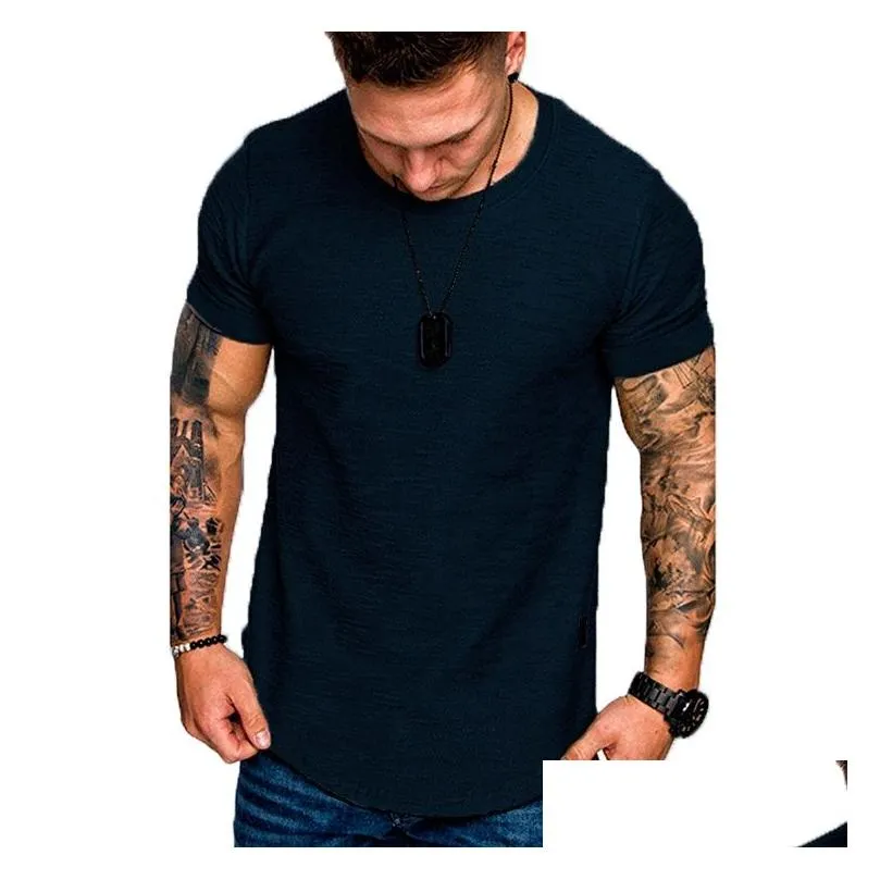 Men`S T-Shirts Curved Hem Hip Hop T-Shirt Men Urban Kpop Extended T Shirt Plain Longline Mens Tees Slim Fit Tshirts Military Bodybuild Dhbdy