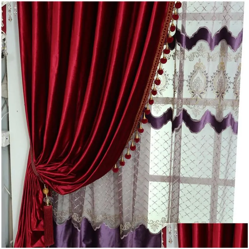 American Style Burgundy Curtains for Living Room Stage Italian Velvet Curtain Hotel Bedroom Window Pelmet Flannel Drapes LJ201224