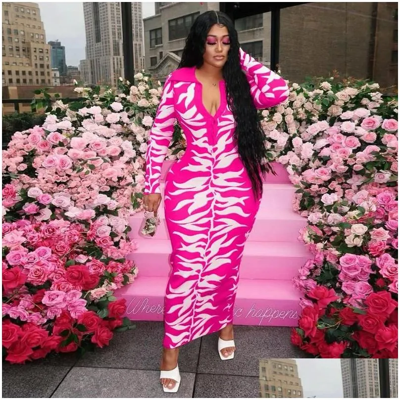 Plus Size Dresses Women Clothing Printing Casual Long Sleeve Button Lapel Y Prom Evening Pink Dress Bk Wholesale Drop Drop Delivery Dhwjv
