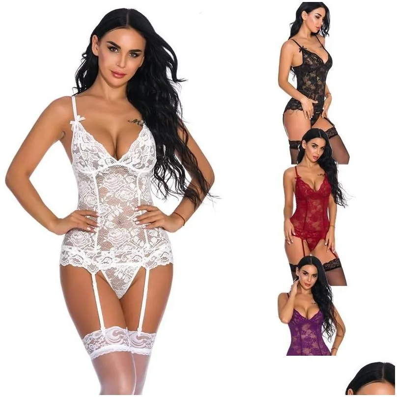 Women`S Sleepwear New Womens Sleepwear Lingerie With Suspenders Lace And Mesh Y Floral Sheer Lace-Up Back Teddy Bodysuits Red White B Dh1Bo