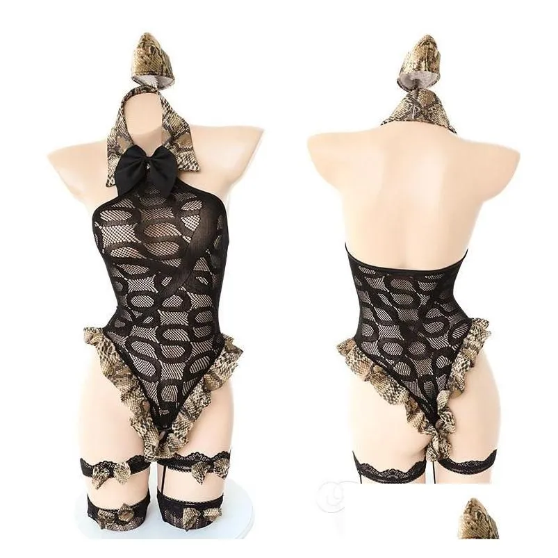 women`s jumpsuits & rompers anime snake print lingerie cosplay costume halloween women black sexy nightclub erotic uniform bodysuit with