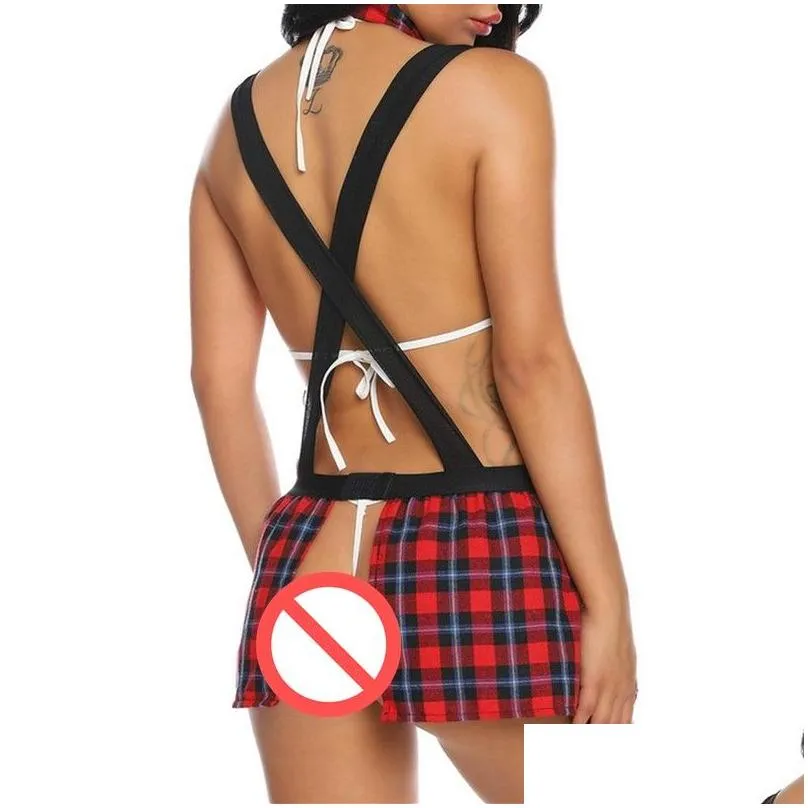 sexy school girl uniform costumes lace bra and suspender plaid pleated skirt neck ties lingerie costume set women cosplay clubwear black white