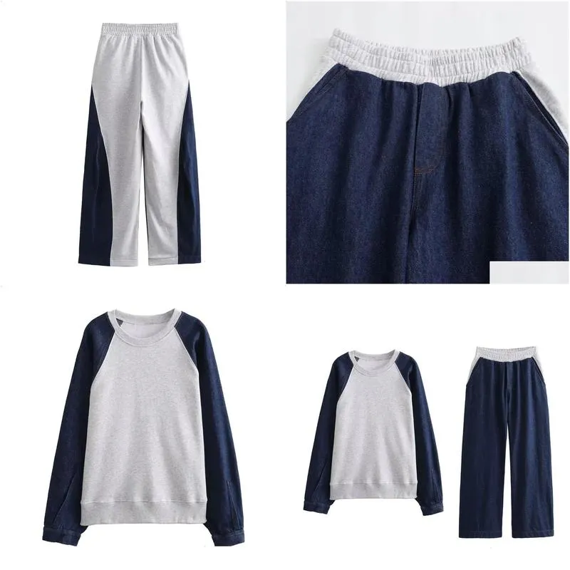 women`s two piece pants unizera 2023 autumn winter product fashion casual denim splicing sweater set 231116