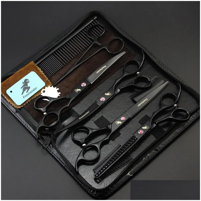 freelander 7.0 inch black baking varnish 62hrc hardness 6cr stainless steel 4 hair scissors kit +comb+hemostatic forceps