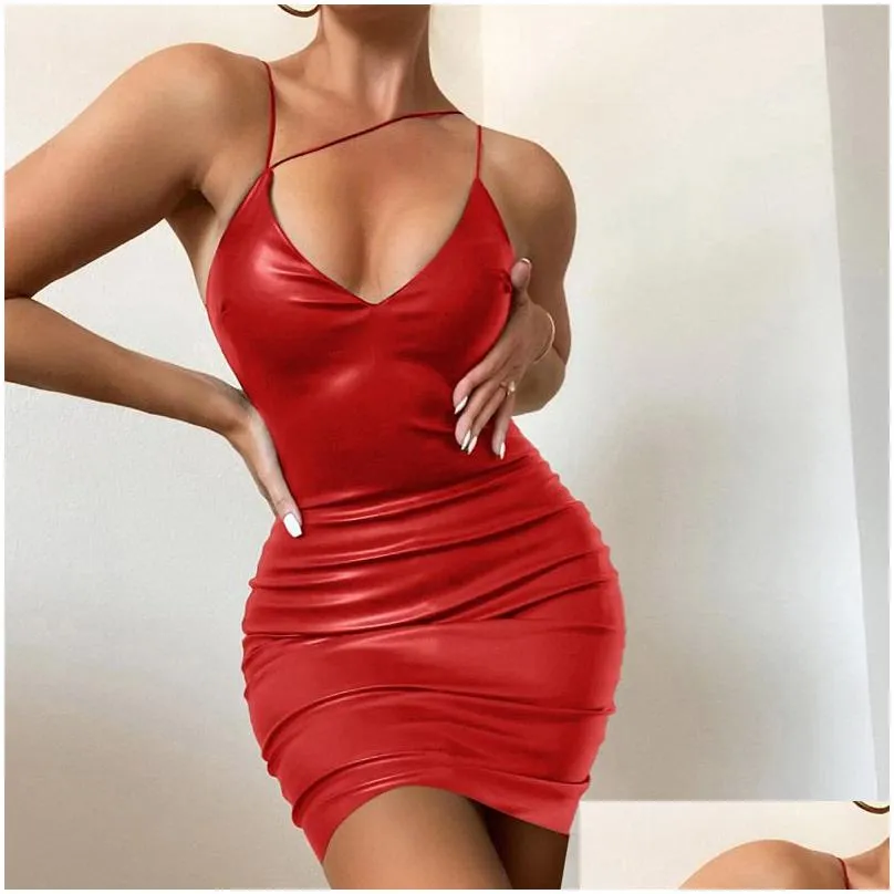 Basic & Casual Dresses Elegant Women Winter Leather Dress Night Club Lady Y Midi Backless Sleeveless Spaghetti Strap Party Bodycon Pr Dh5L4