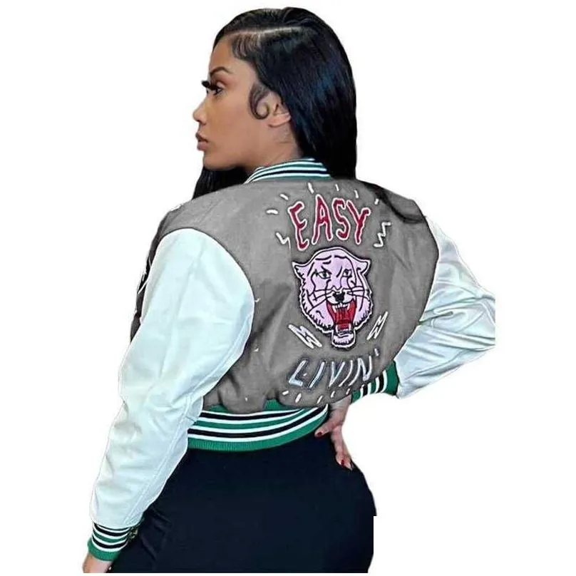 Women`S Jackets Womens Fashion Letter Print Double Threaded Baseball Jacket Varsity Coat Desinger Women Cropped Work Button Letterman Dhjyj