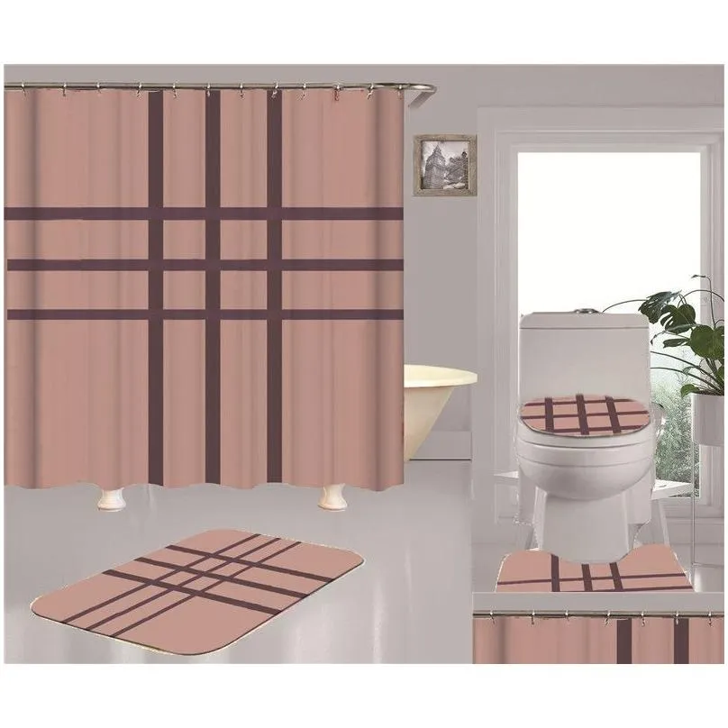 cool print shower curtains sets high-grade four-piece must set bathroom anti-peeping non-slip deodorant bath toilet mats