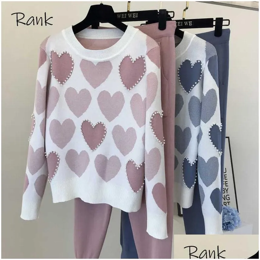 Women`S Tracksuits 2 Piece Set Women Knit Outfits Heart Beading Round Neck Sweater Long Sleeve Pants Female Casual Elastic Harem Top Dhebd