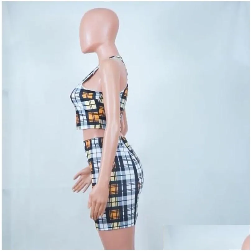 Two Piece Dress Anjamanor Yellow Plaid Print Y 2 Piece Set Womens Summer Matching Sets Club Outfits Crop Top And Skirt Short Suit D37 Dh5Rq