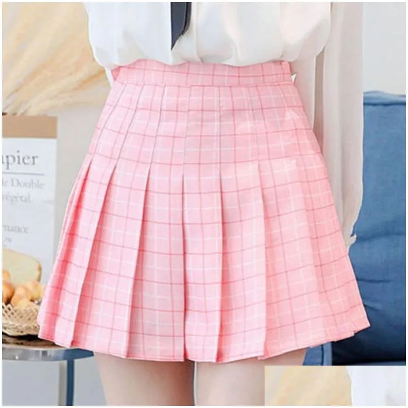 kawaii girls japanese style high waist plaid chest pleated skirt cute lolita mini short skirts uniforms school tartan pink blue