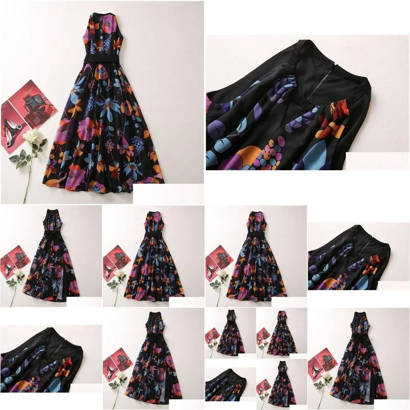 Basic & Casual Dresses European And American Womens Clothes 2023 Summer New Sleeveless V-Neck Fashion Black Flower Print Pleated Dres Dhktx