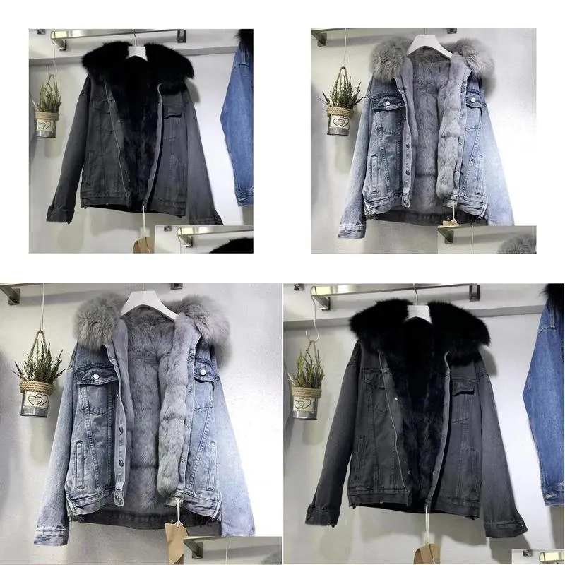 women`s down parkas winter women warm basic coat big fur collar denim jacket female cold motorcycle jackets outerwear fleece thick casual overcoat