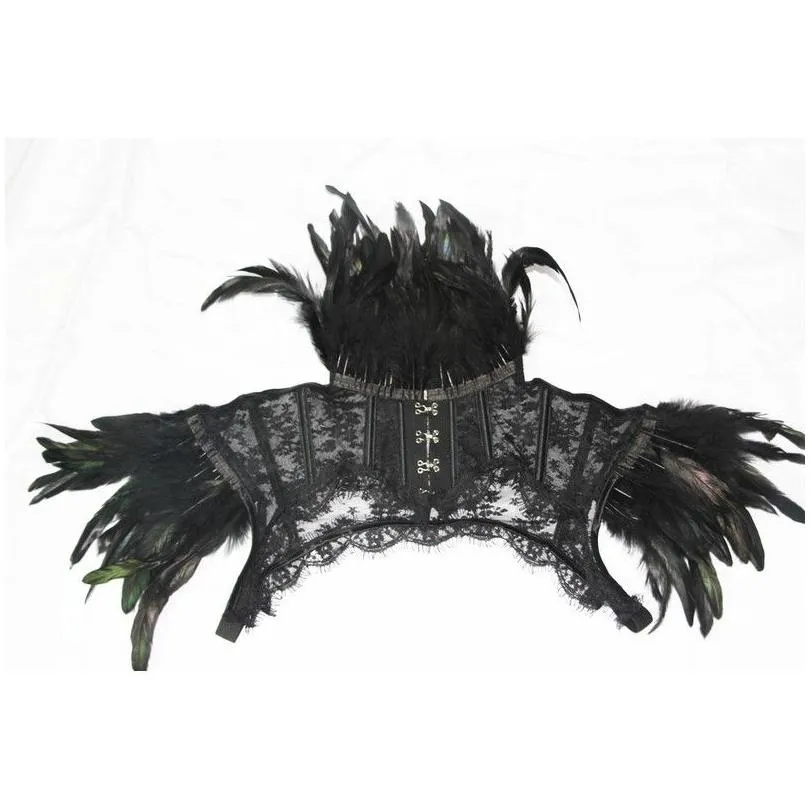 women steampunk feathers gothic fake high collar lace mesh cape shoulder bolero jacket shrug crop tops retro vintage halloween rave