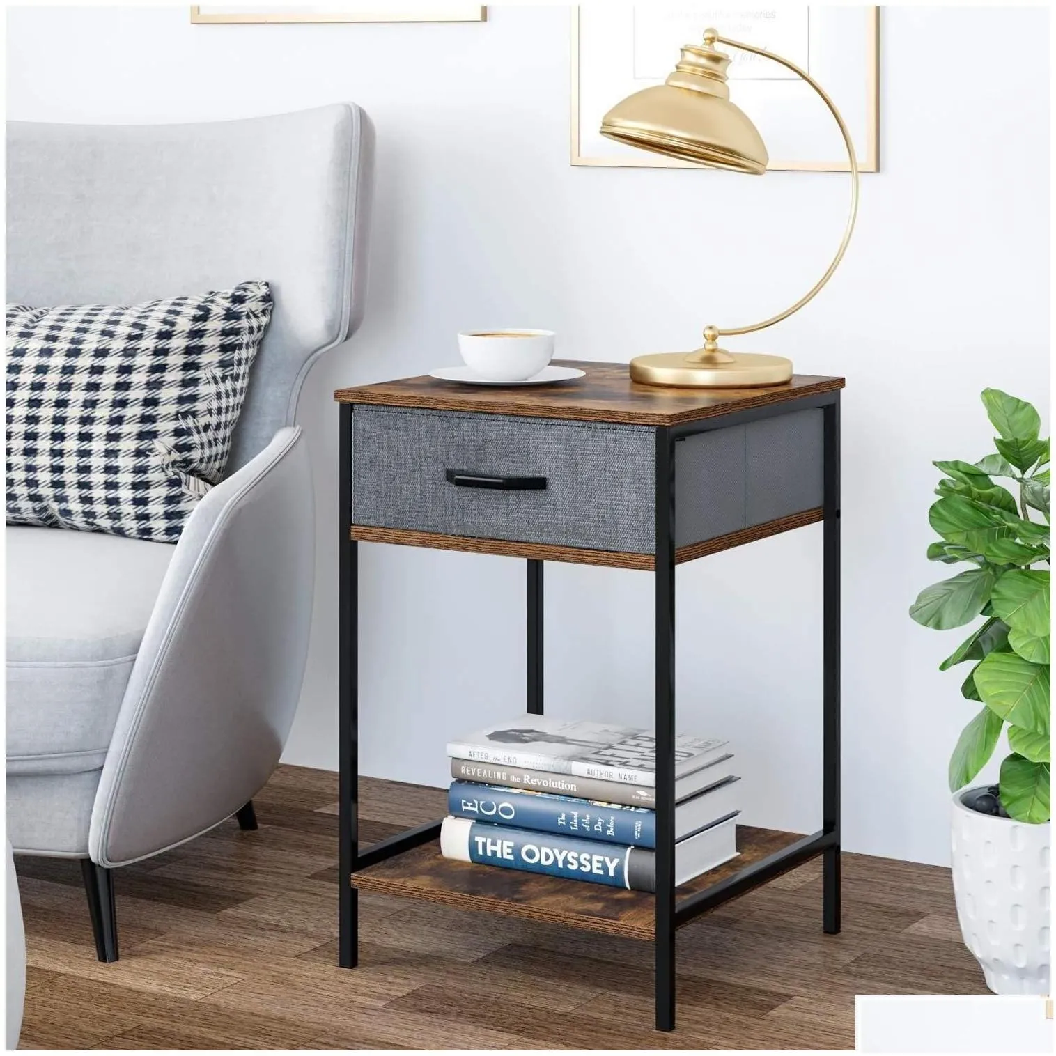 bedroom furniture nightstand 2-tier end table with 1 fabric der modern dresser storage organizer and open shelf accent desk drop del