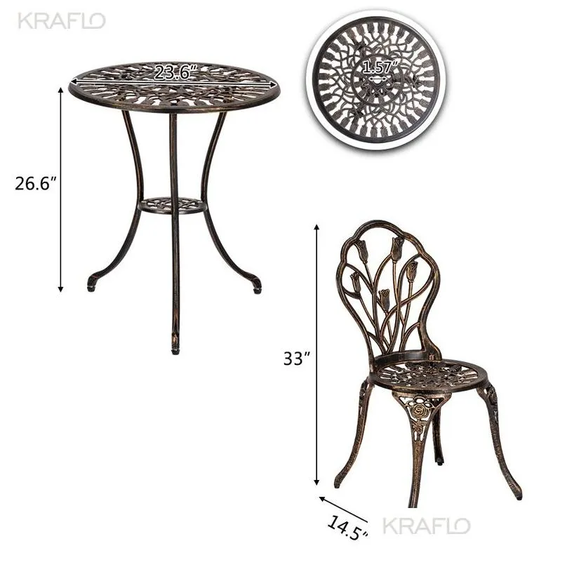 european style cast aluminum outdoor 3 piece tulip bistro set of table and chairs bronze garden bar furniture sets