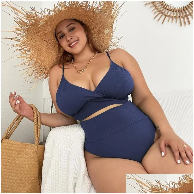 Women`S Swimwear Womens Swimwear High Waist Bikini Set Solid Color Plus Size Big Breast Swimsuit Strappy Y Bather Swimming Wear Bathi Dhcg0