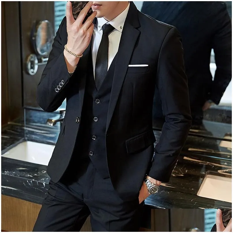 Men`S Suits & Blazers Mens Fashion Slim Suits Business Casual Clothing Groomsman Three-Piece Suit Blazers Jacket Pants Trousers Vest Dhmnl