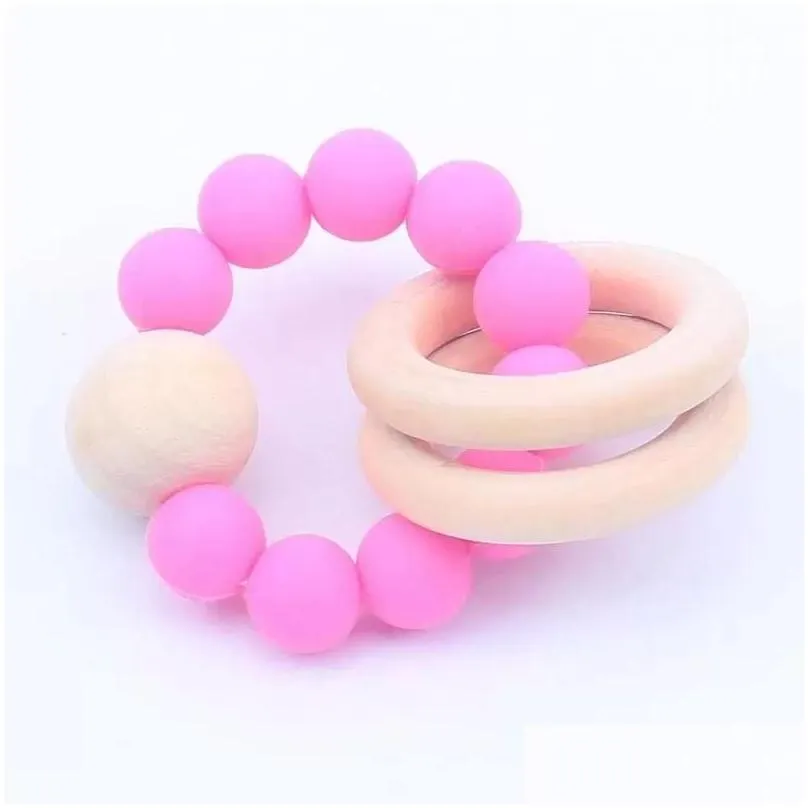 baby teether rings set food grade beech wood teething ring soothers chew toys shower play round wooden bead silicone teethers sxmy21