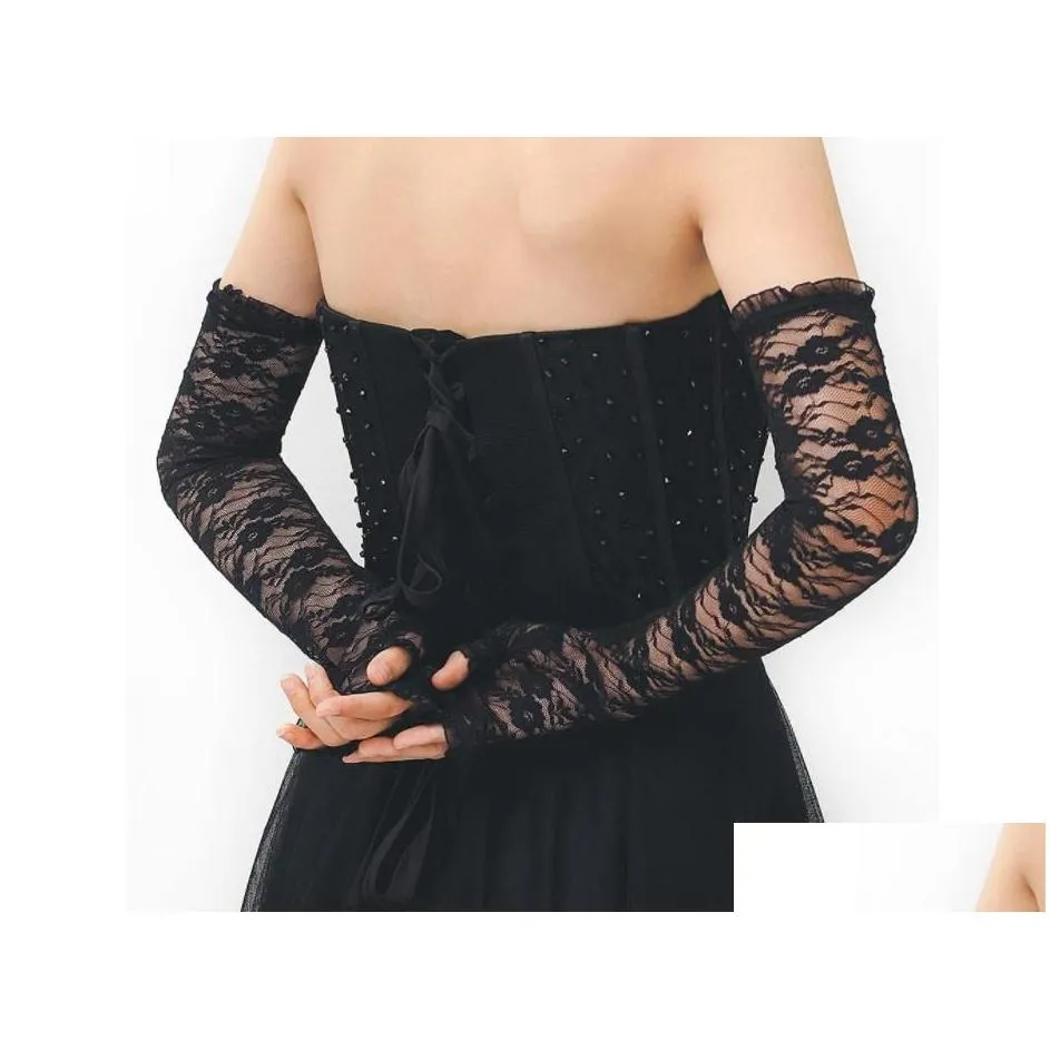 Costume Accessories 20S Lace Fingerless Long Gloves Costume Accessories Black Floral Opera Party 1920S Flapper Glove For Women Girls R Dhups