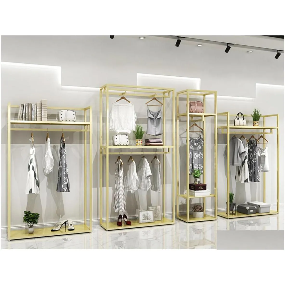 gold hanger men`s and women`s clothing store shelf commercial furniture clothes display rack floor type shelfs golden ha304g