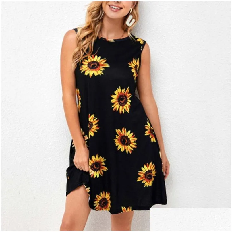Basic & Casual Dresses New Fashion Summer Woman Sleeveless O-Neck Print Casual Large Swing Dress With Pockets Drop Delivery Apparel W Dhbaz